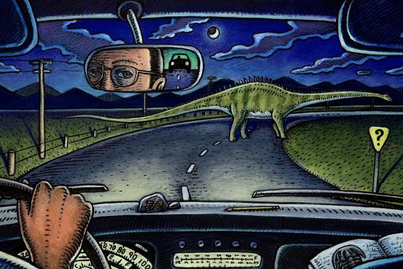 an illustration of a person driving with a dinosaur in the road