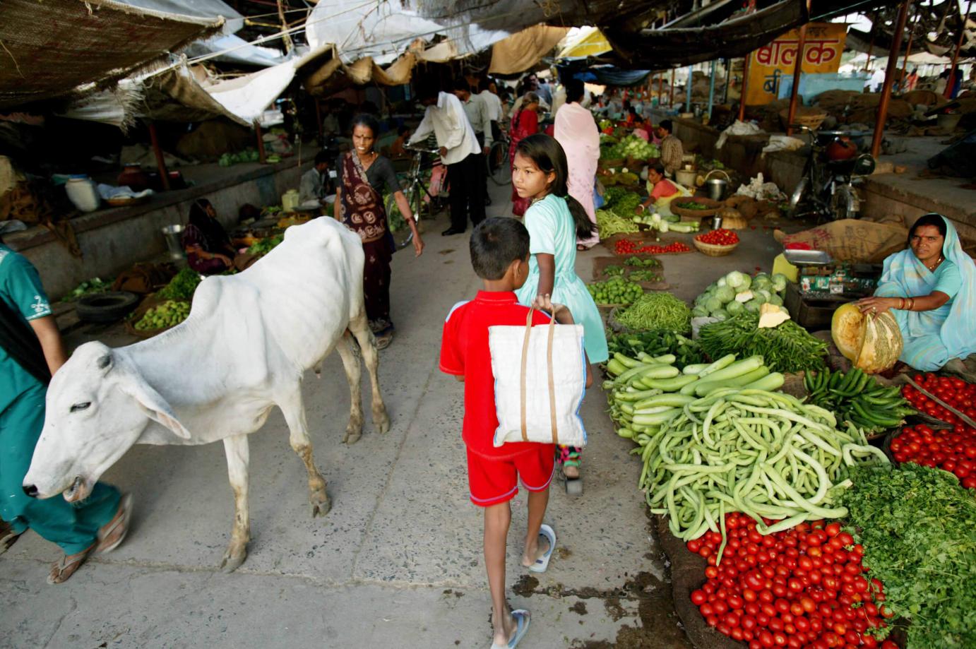 a boy and girl walk by a skinny cow