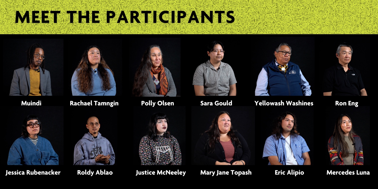 Meet the participants written at the top with two rows of 6 people displayed with their names written under their picture. Everything on a black background.