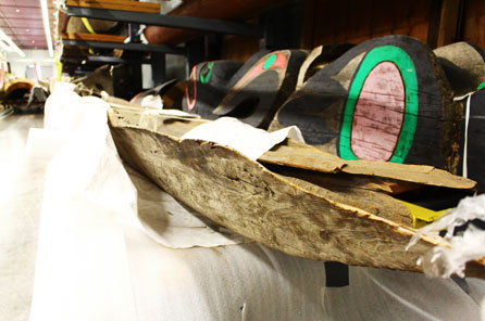 a closeup of the canoe in the collections storage area