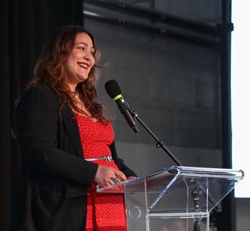 sara gonzalez speaks at spring fundraiser