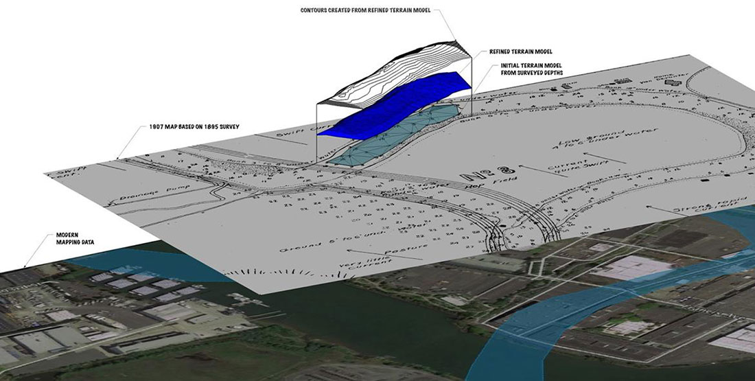 digital model on its side to show the inverted meader of the duwamish river