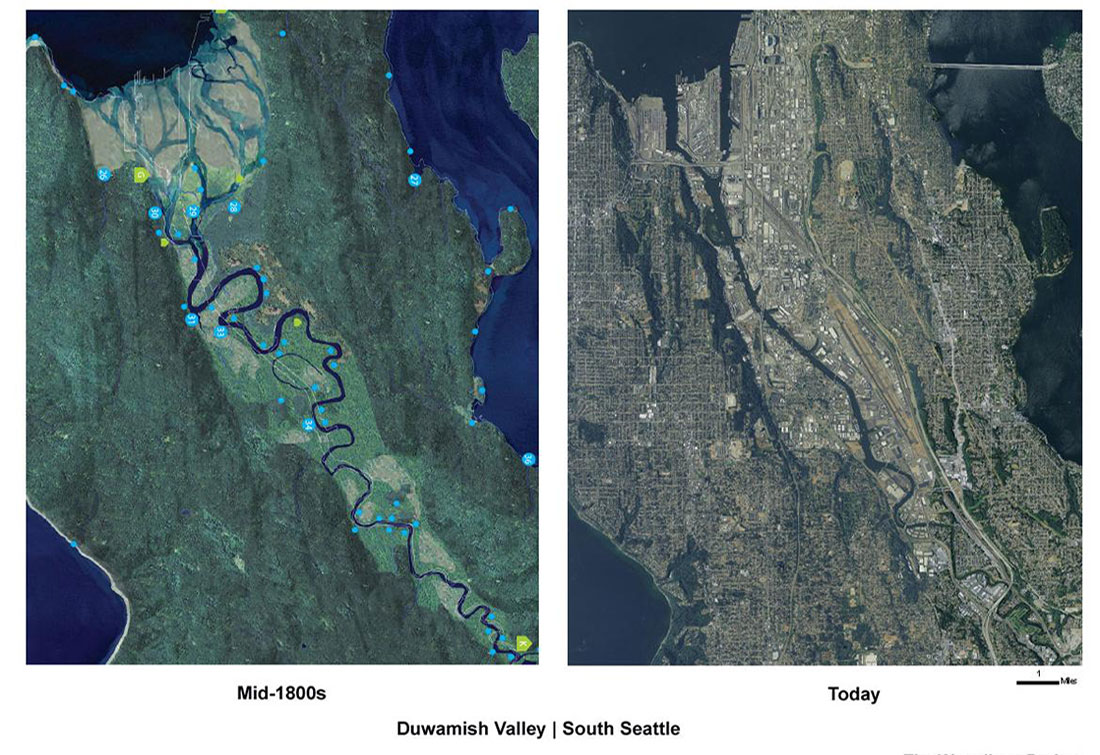 Aerial view comparing the duwamish waterway shape in the mid-1800s to today