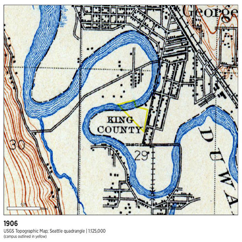 survey map from 1906 showing topography of downtown seattle with the duwamish river