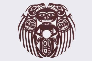 A silk screen print of a human and thunderbirds in coast salish style