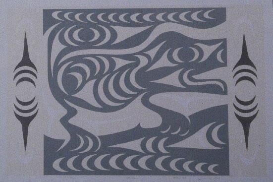 A silkscreen print of a squirrel depicted in the Coast Salish style