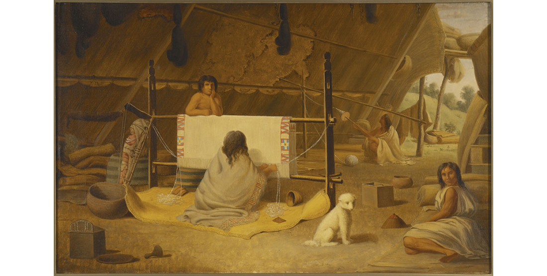 Woman Weaving a Blanket depicts a Coast Salish woman weaving with woolly dog hair. 