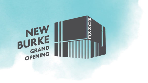 graphic saying "new burke grand opening" with blue watercolor background behind it