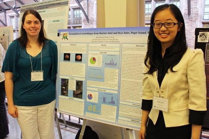 two women stand next to a poster of their research