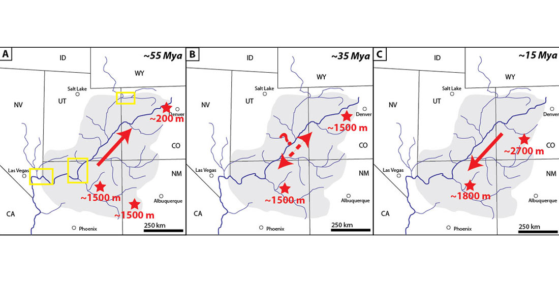 A map of the modern Colorado Plateau with a graphic overlay showing elevation has changed across the Cenozoic