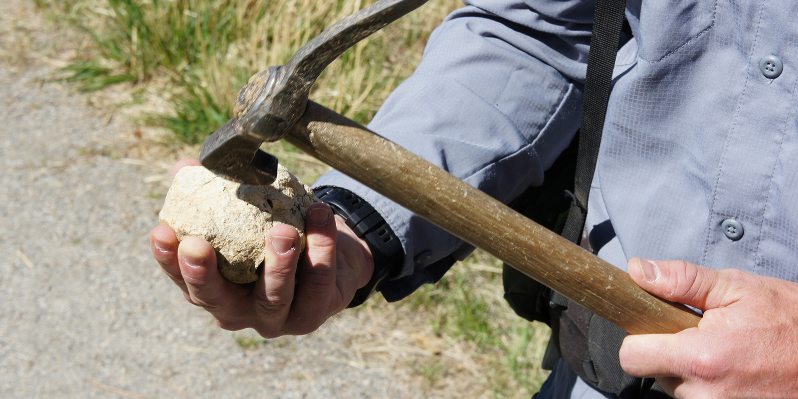 Person holds round rock concretion with a hammer