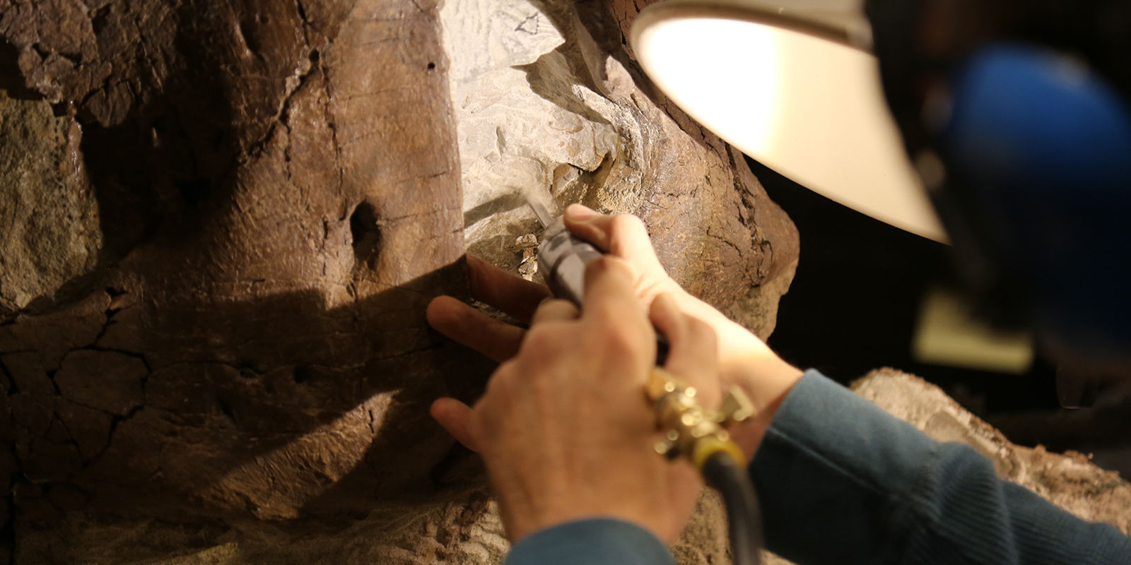 Close up of the large air scribe chipping away rock encasing the skull