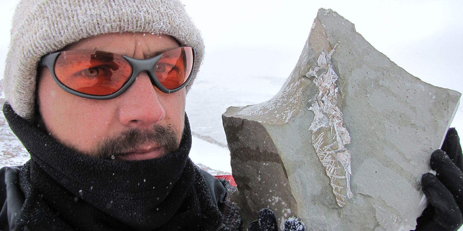 A man holds a slab of rock with a fossil visible in it