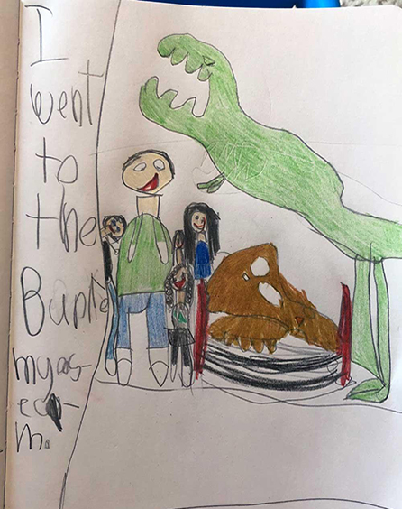 A children's drawing of a t.rex skull and the people she saw on her visit to the t.rex workroom at the Burke Museum