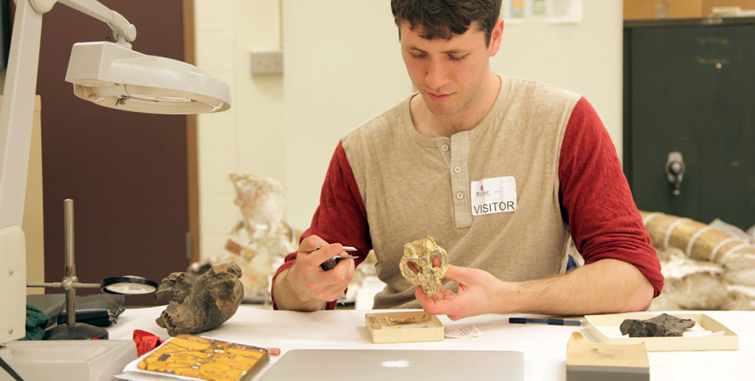 a young man holds a skull while taking measurements of the fossils