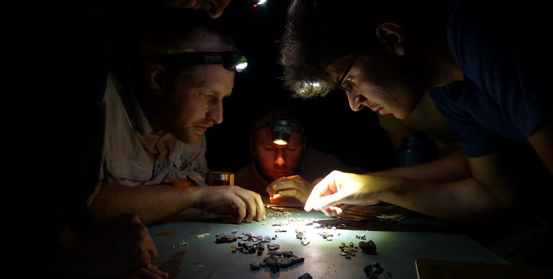 Three male researchers huddle over small fossils on a table in the dark