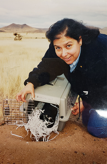 a woman holds an open kennel with a ferret stepping out into a field