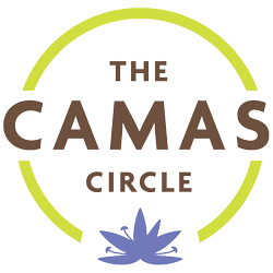 logo with words "camas circle" on it and a purple flower