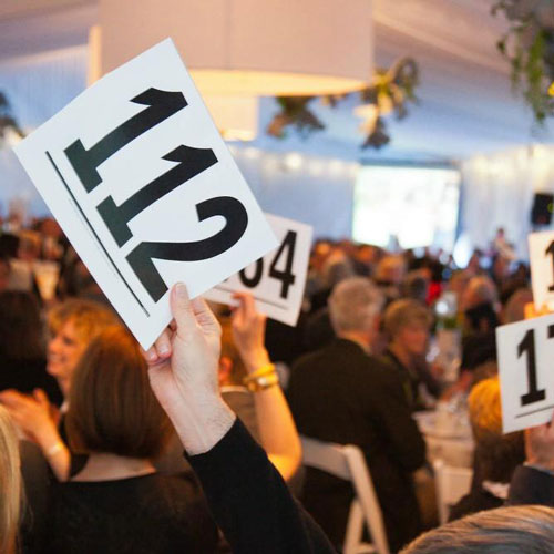 numerous people hold cards with numbers on them in the air during a "raise the paddle" fundraiser