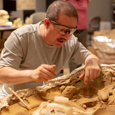 a man uses a small paintbrush to brush away dirt from a dinosaur fossil