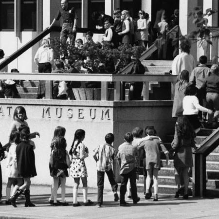 black and white photograph Museum students in Washington State Building 1950