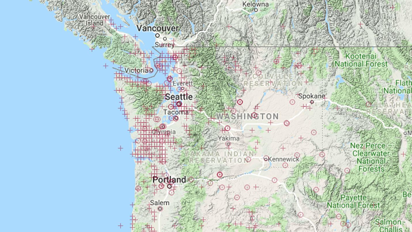 Google map of Washington state with markers on it