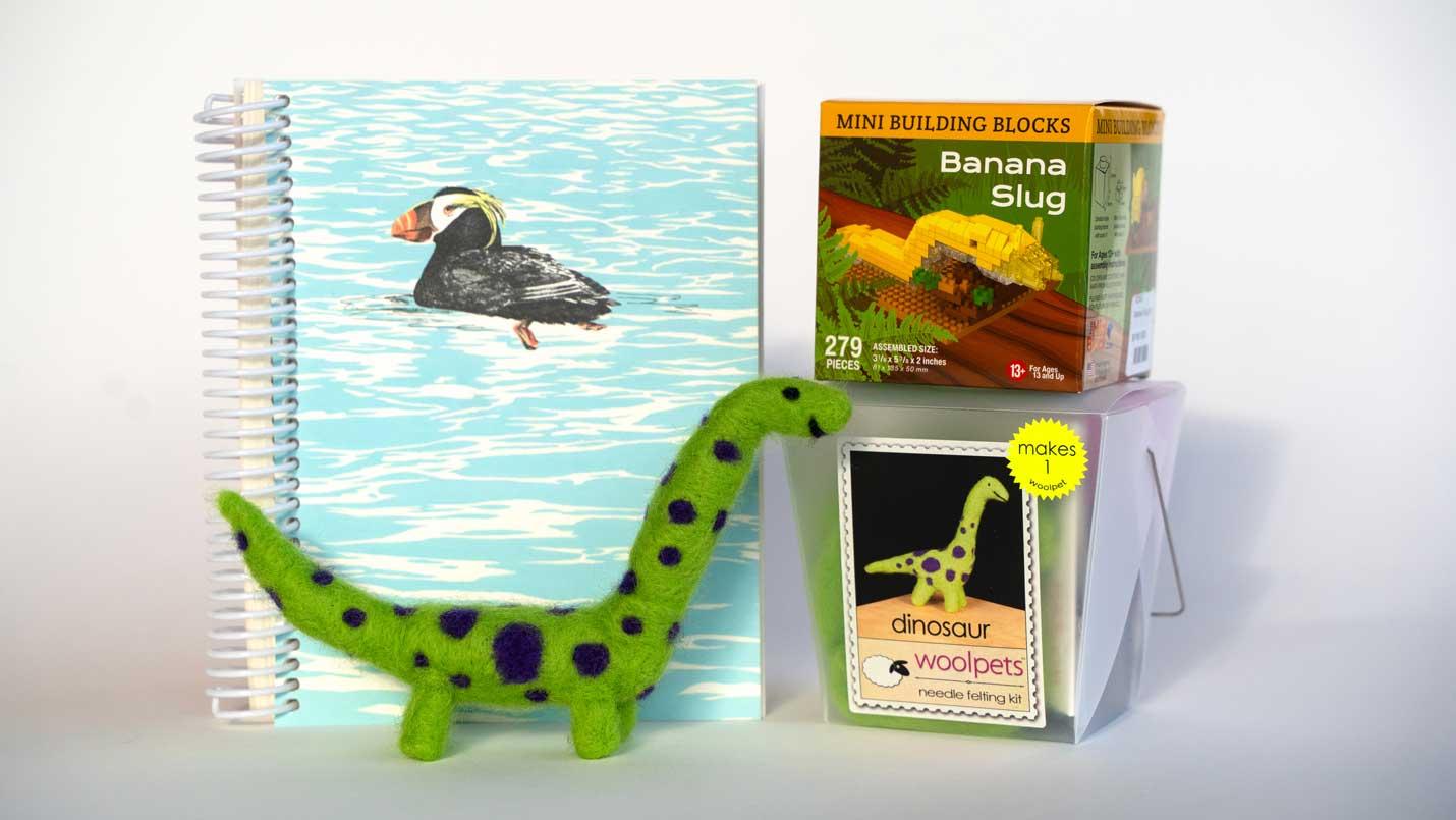 a notebook with a puffin on it, a felted wool dinosaur kit, and a banana slug mini block kit