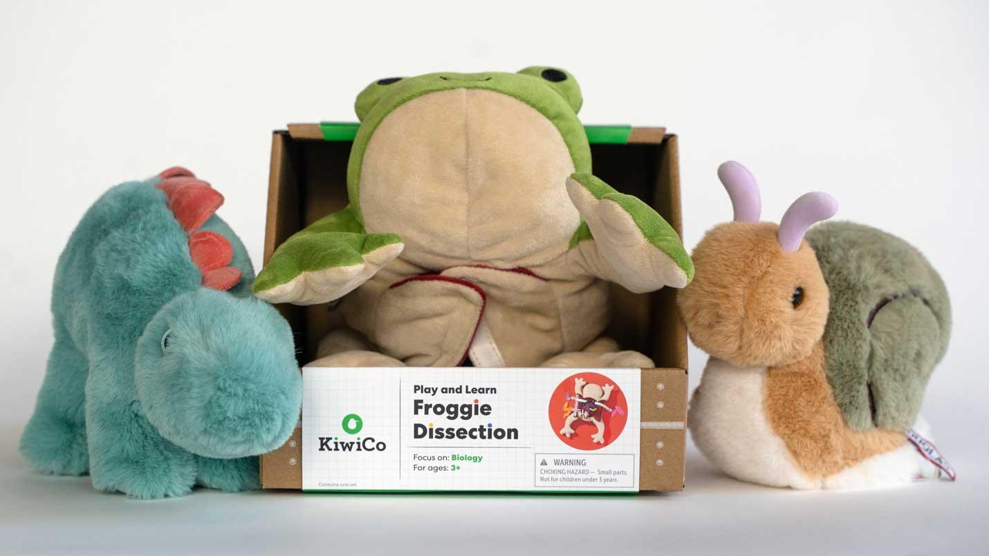plush dinosaur toy, plush frog dissection kit, and plush snail