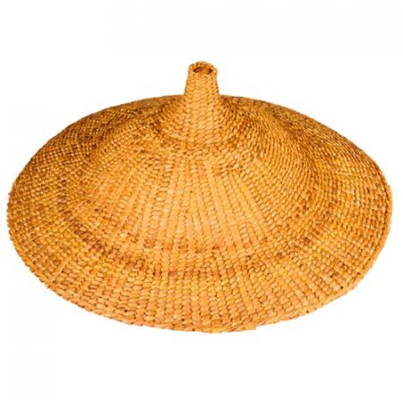 A woven hat with a pointed crown