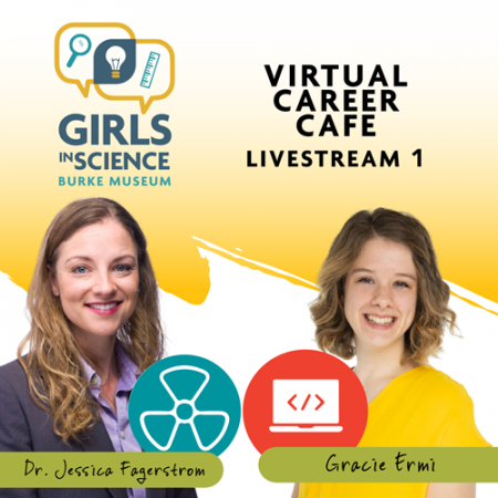 two scientists on a graphic that reads girls in science virtual career cafe livestream 1
