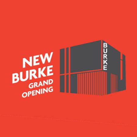 graphic with words "new burke grand opening" and illustration of new building
