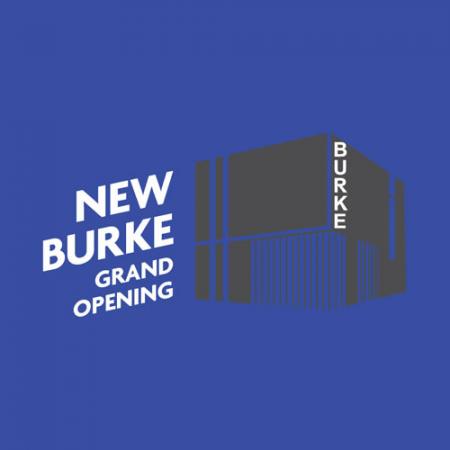 graphic with words "new burke grand opening" and illustration of new building