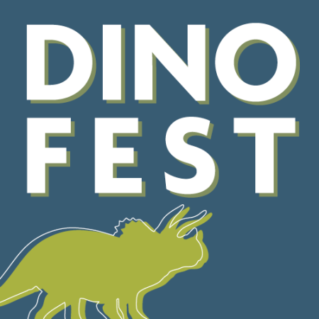 green triceratops graphic under the words dino fest in white text
