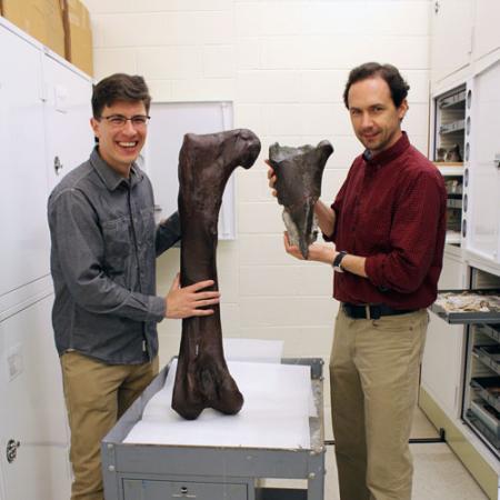two men stand in collection space -- one holds the fossil and one holds a cast of the full thigh bone