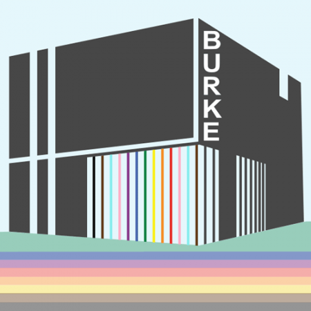graphic of the exterior of the burke with a rainbow stripe