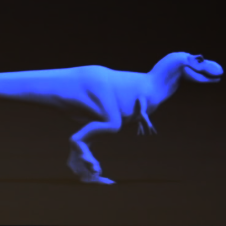 A blue tyrannosaurus demonstrates walking techniques