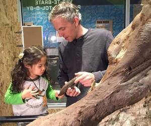 a man shows a girl a fossil while the stand in front of the t.rex skull