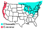 Map shows a Pacific coast & a NE distribution